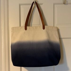 Madewell Blue and Cream Ombre Canvas Tote with leather handles.